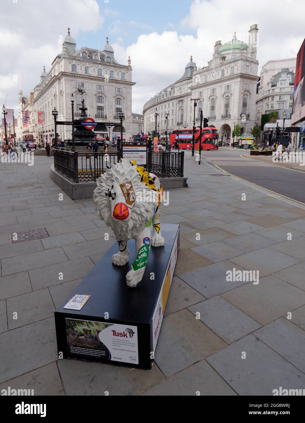 Londra, Grande Londra, Inghilterra, Agosto 24 2021: Il London Pride Tusk Lion Trail, segni dei tempi di David Mach in Piccadilly Circus. Foto Stock