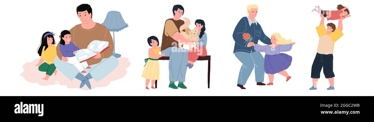 Cartoon piatto personaggi famiglia felice in scene di vita quotidiana, concetto di illustrazione vettoriale Illustrazione Vettoriale