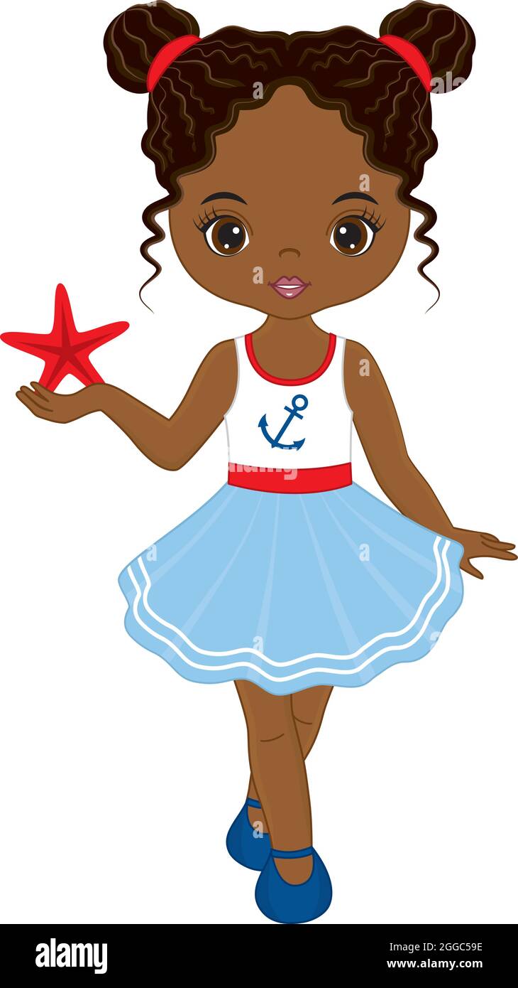 Carino bella ragazza afroamericana che indossa abito nautico che tiene Starfish. Vettore Nautica Girl Illustrazione Vettoriale