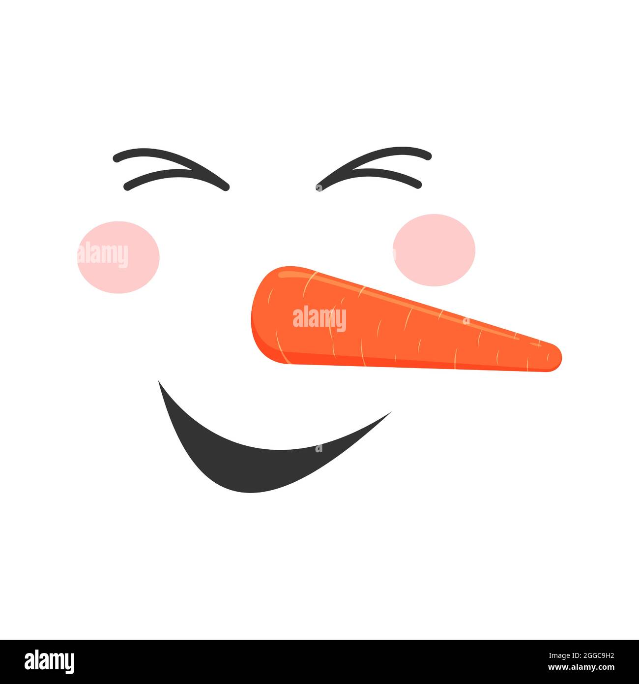 Ridendo faccia di pupazzo di neve. Testa carina di pupazzo di neve con occhi chiusi, bocca sorridente, naso di carota ed emozione di godimento. Design per le vacanze invernali. Illustrazione di un cartoon vettoriale. Illustrazione Vettoriale