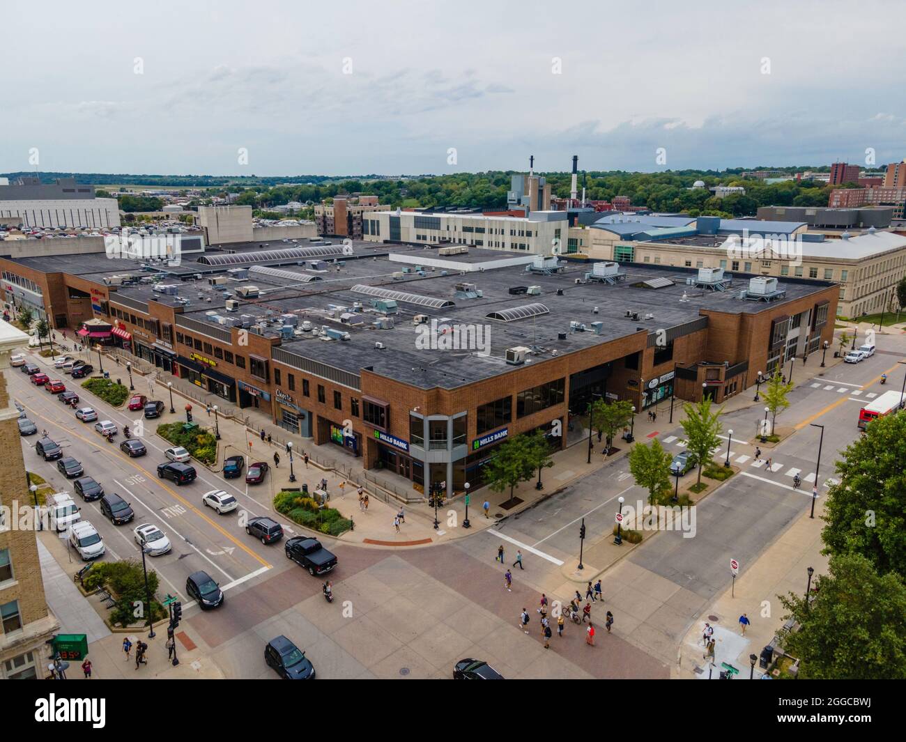 Fotografia aerea dello splendido campus e dei dintorni della University of Iowa, Iowa City, Iowa, USA. Foto Stock