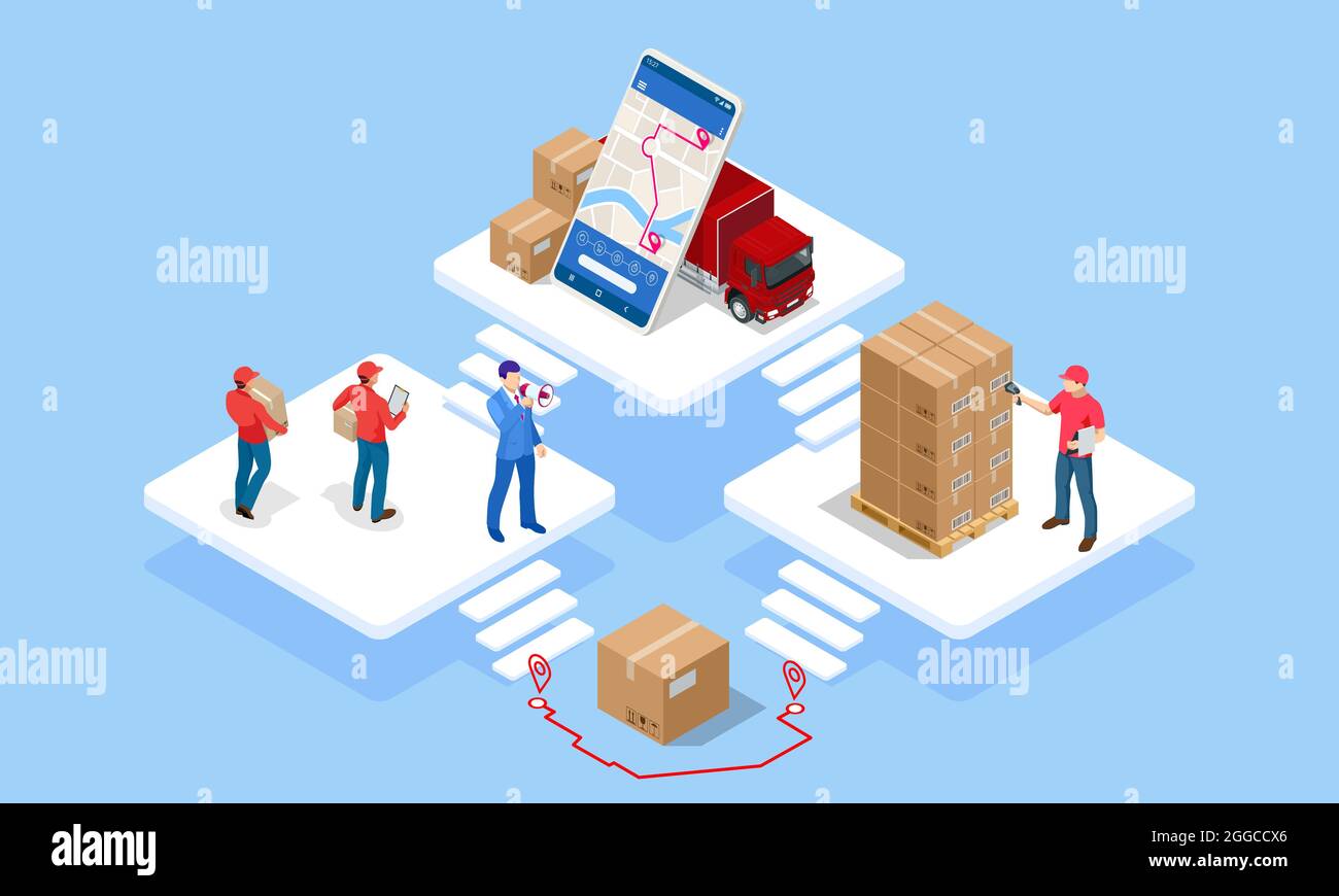 Illustrazione isometrica della rete logistica globale. Logistica isometrica e concetto di consegna. Consegna a casa e in ufficio. Logistica cittadina. Magazzino, camion Illustrazione Vettoriale