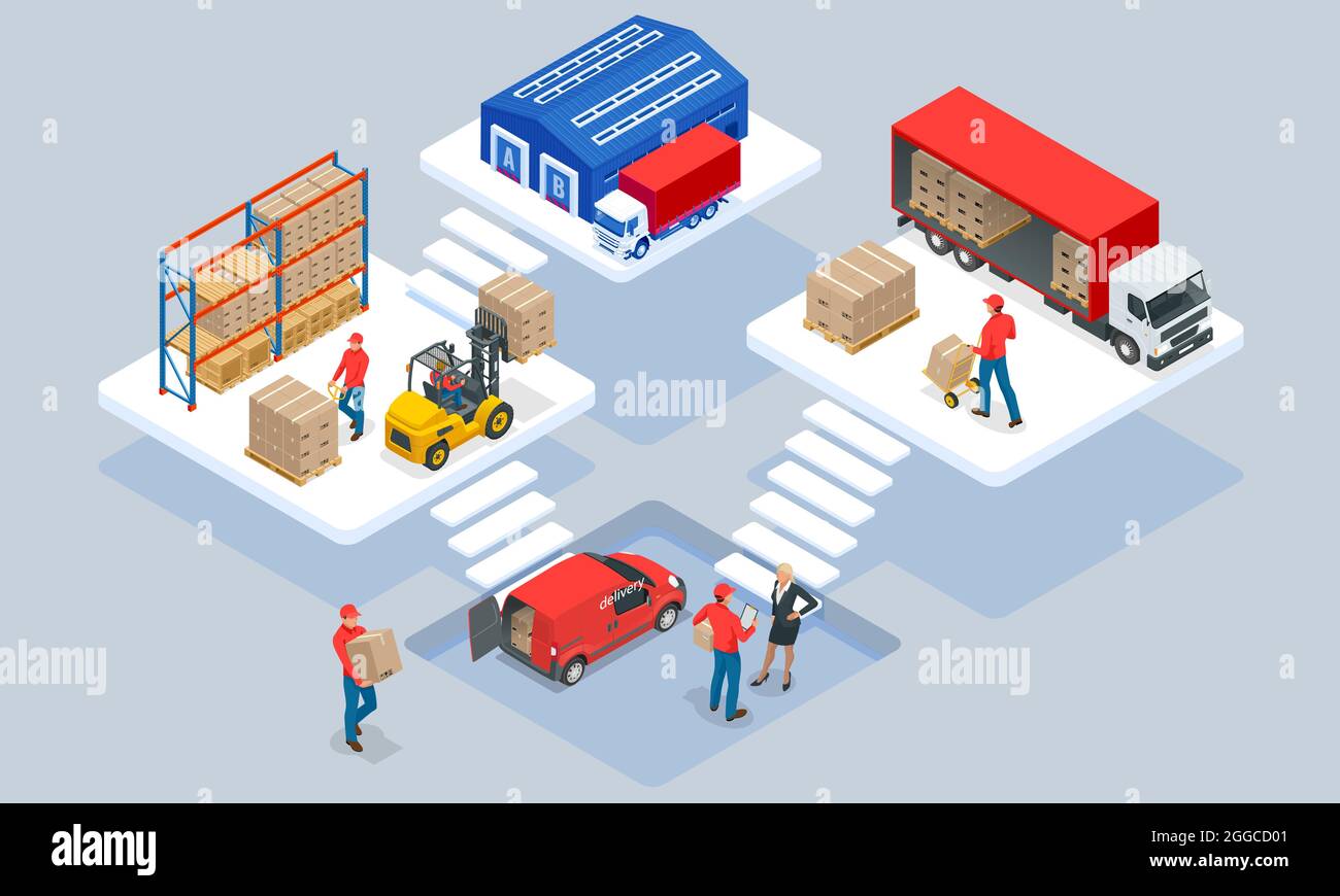 Illustrazione isometrica della rete logistica globale. Logistica isometrica e concetto di consegna. Consegna a casa e in ufficio. Logistica cittadina. Magazzino, camion Illustrazione Vettoriale