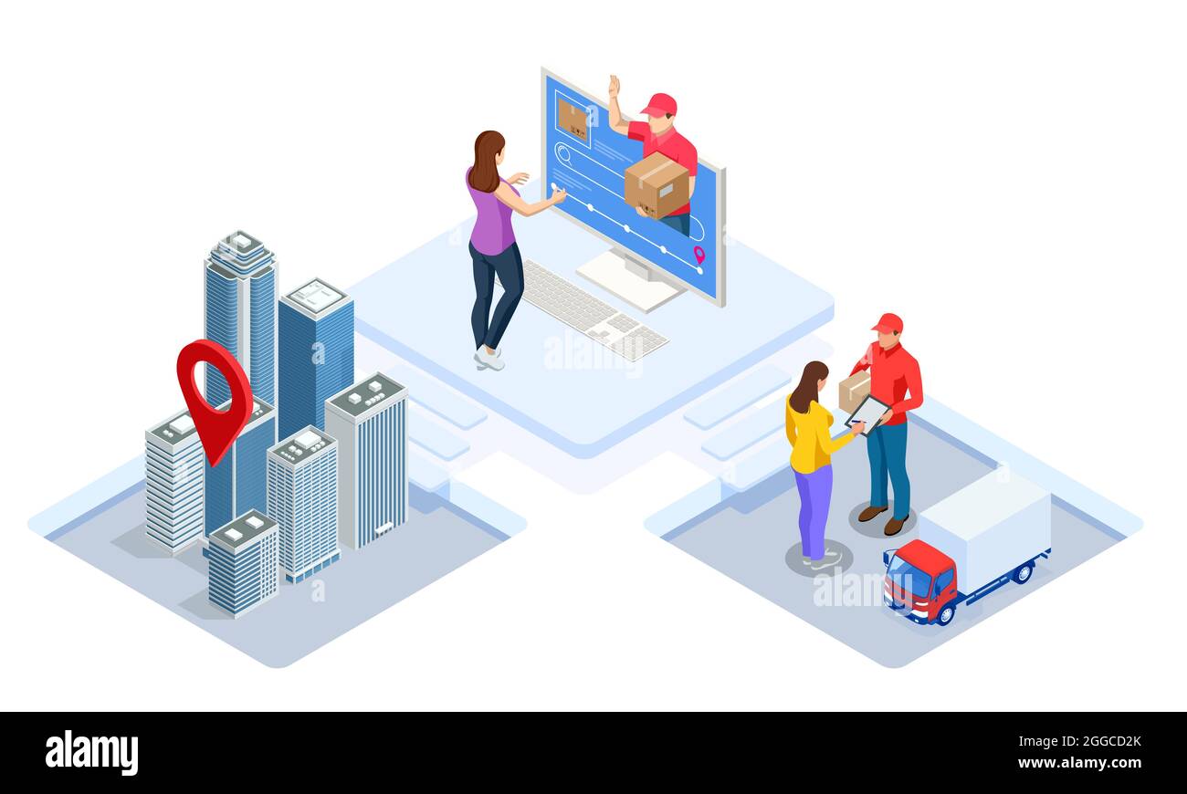 Illustrazione isometrica della rete logistica globale. Logistica isometrica e concetto di consegna. Consegna a casa e in ufficio. Logistica cittadina. Magazzino, camion Illustrazione Vettoriale