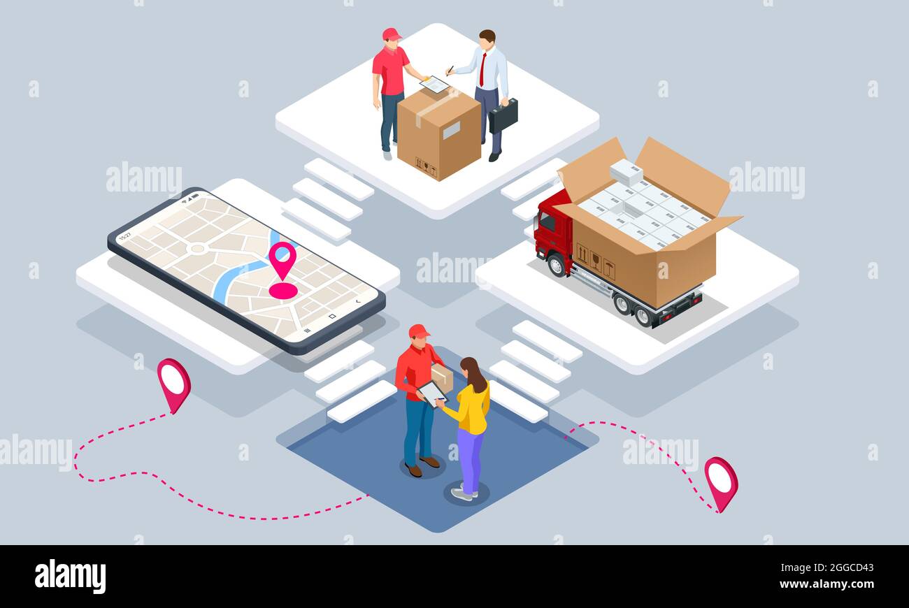 Illustrazione isometrica della rete logistica globale. Logistica isometrica e concetto di consegna. Consegna a casa e in ufficio. Logistica cittadina. Magazzino, camion Illustrazione Vettoriale