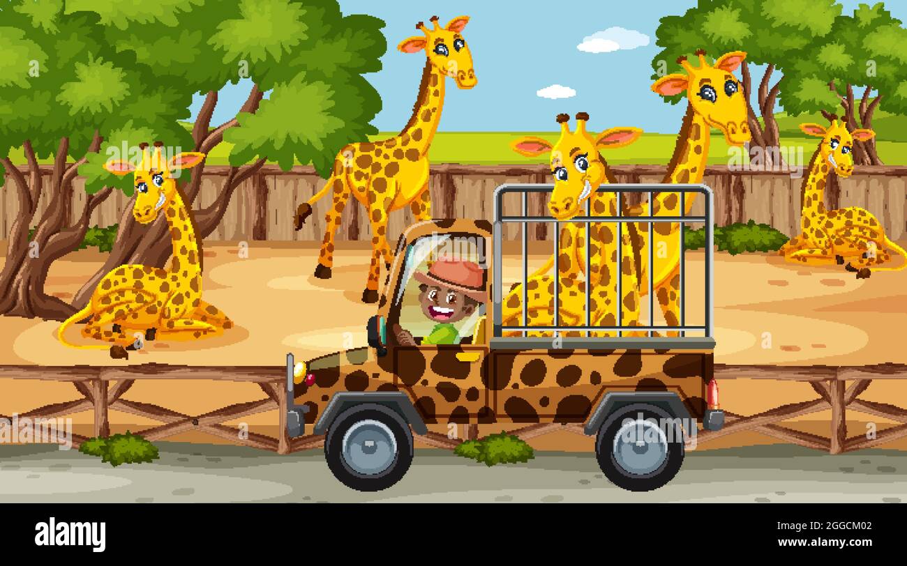 Safari nella scena diurna con i bambini che guardano l'illustrazione di gruppo della giraffa Illustrazione Vettoriale