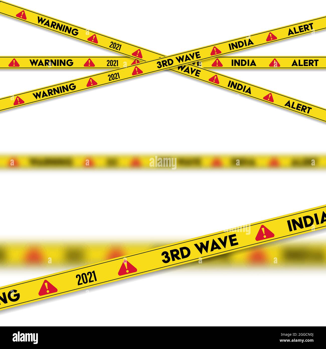 Coronavirus e Covid-19 e quarantena 3a onda strisce di avvertimento india. Zona di pericolo. Isolato su sfondi trasparenti. Illustrazione vettoriale. Foto Stock