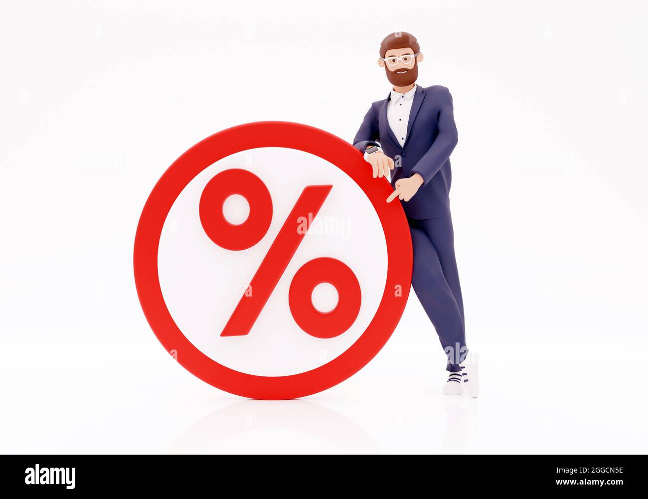 rappresentazione 3d del personaggio cartoon e icona grande percentuale. Concetto di tasso d'interesse commerciale. illustrazione 3d. Sconto e segno di carattere 3d. Foto Stock