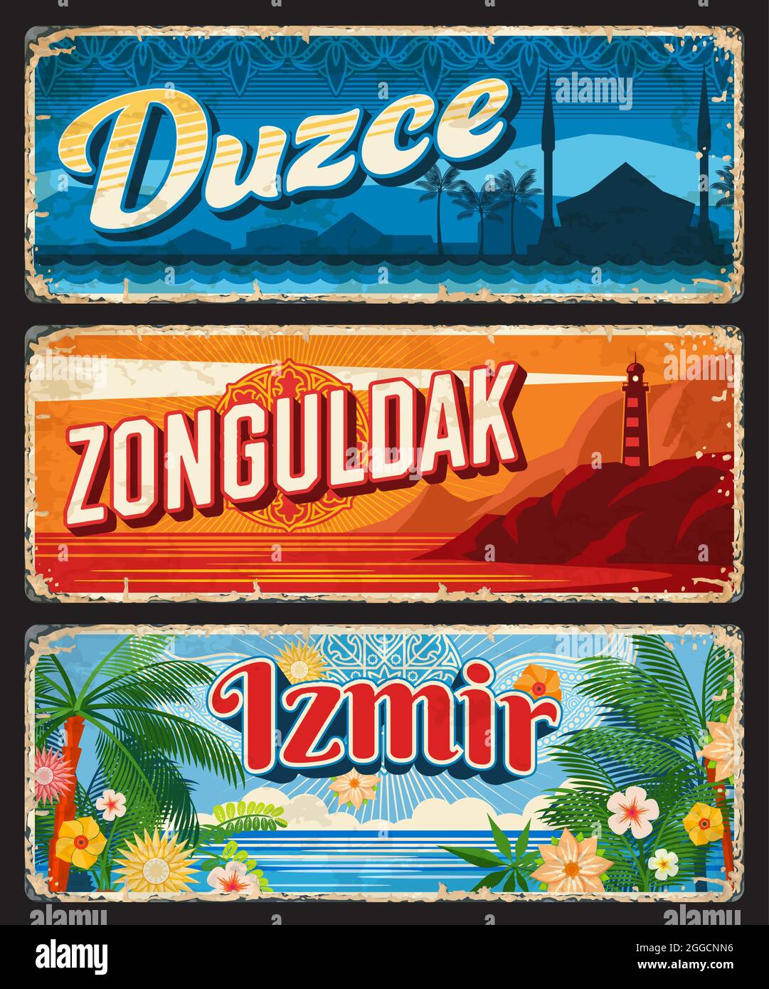Duzce, Zonguldak e Izmir il, Turchia Province vintage piatti. repubblica Turca segni di viaggio grunge e adesivi di moschea, faro, Mar Nero bea Illustrazione Vettoriale