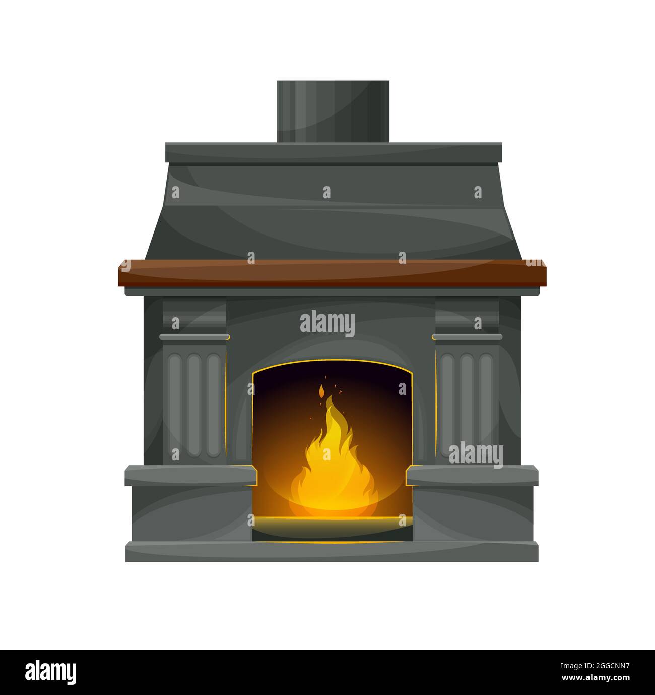 Camino interno moderno con fuoco ardente. Fuoco vettoriale luogo, focolare o stufa con pareti di pietra grigia, telaio, focolare e camino, colonne decorative a Illustrazione Vettoriale