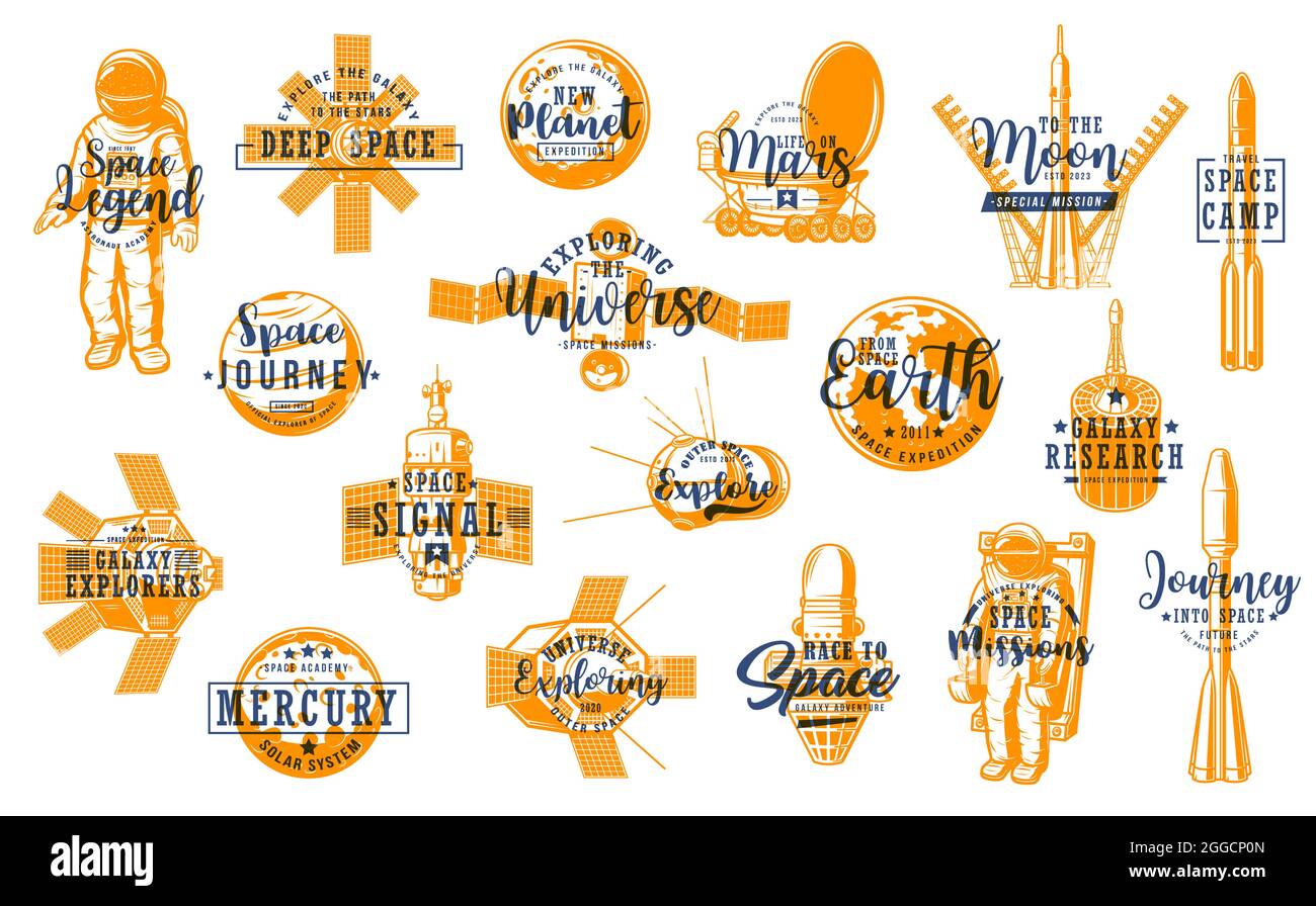 Esplorazione dello spazio, icone delle tecnologie di ricerca del pianeta. Astronauta, satelliti artificiali e rover, rocketship, stazione orbitale e pianeti vettore lett Illustrazione Vettoriale