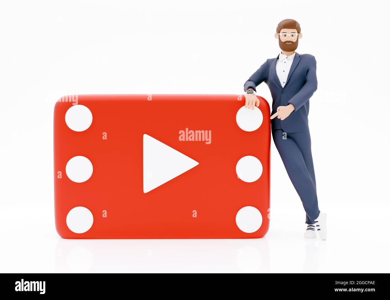 Creative 3D Render personaggio businessman con banner video-play, materiale di marketing, presentazione aziendale, pubblicità online Foto Stock
