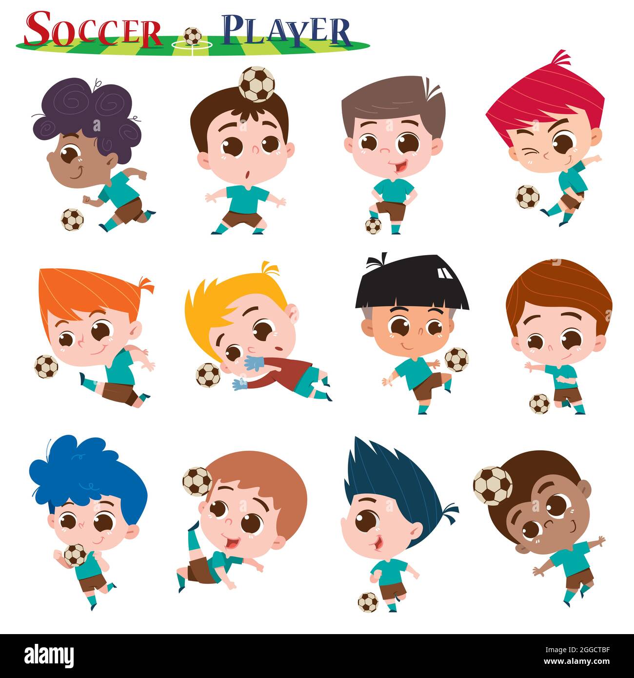 Un'illustrazione digitale vivace e divertente con un gruppo di bambini in stile cartoni animati che giocano a calcio. Illustrazione Vettoriale