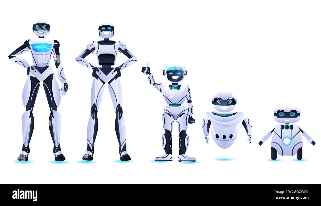 robot diversi che si riuniscono personaggi robotici moderni si uniscono al concetto di tecnologia dell'intelligenza artificiale Illustrazione Vettoriale