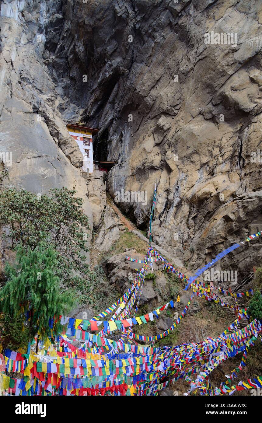 Ripida scalinata che conduce alla Grotta della meditazione dei leoni di neve, all'ingresso del monastero di Paro Taktsang (Tiger Nest), Bhutan Foto Stock