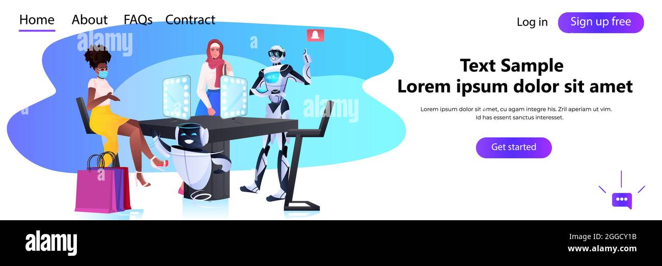 robot che mostrano gli articoli per mescolare le donne di corsa nel concetto di shopping di tecnologia di intelligenza artificiale boutique di moda Illustrazione Vettoriale robot che mostrano gli articoli per mescolare le donne di corsa nel concetto di shopping di tecnologia di intelligenza artificiale boutique di moda Illustrazione Vettoriale