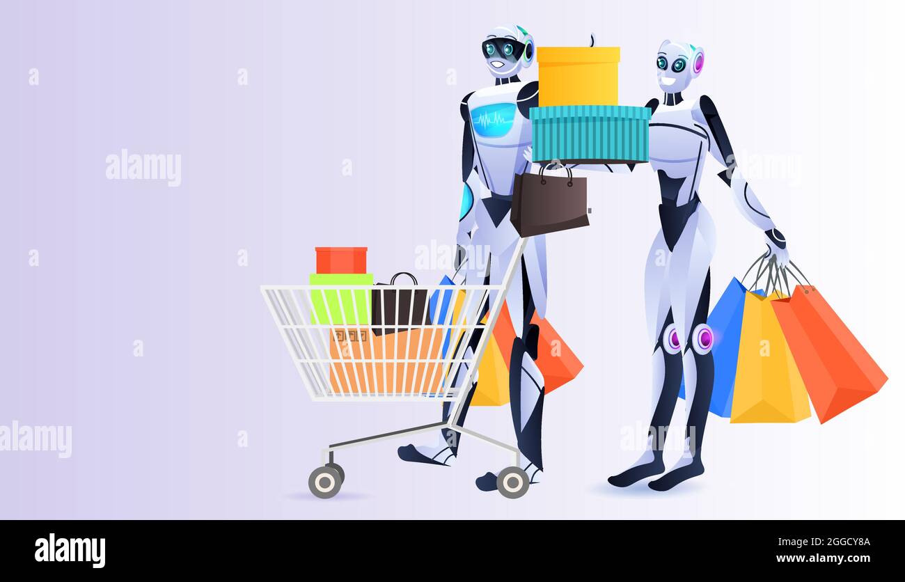 robot moderni che detengono acquisti colorati borse di shopping intelligenza artificiale concetto di tecnologia Illustrazione Vettoriale robot moderni che detengono acquisti colorati borse di shopping intelligenza artificiale concetto di tecnologia Illustrazione Vettoriale