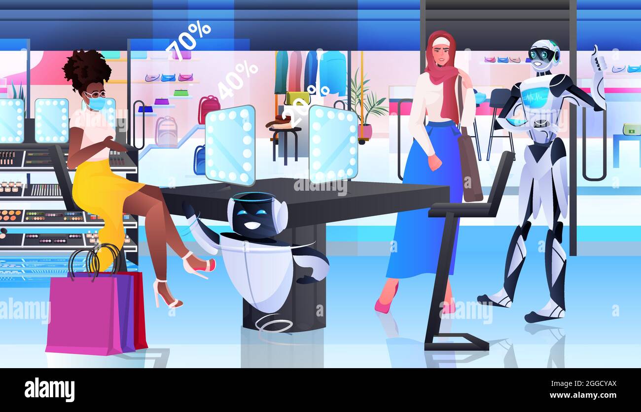 robot che mostrano articoli in boutique di moda intelligenza artificiale concetto di tecnologia orizzontale Illustrazione Vettoriale robot che mostrano articoli in boutique di moda intelligenza artificiale concetto di tecnologia orizzontale Illustrazione Vettoriale