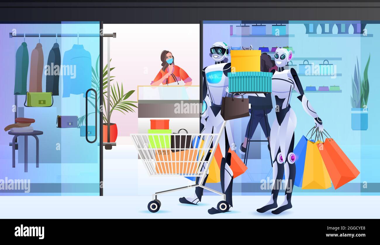 robot con pieno di acquisti carrello artificiale intelligenza tecnologia shopping interno centro commerciale Illustrazione Vettoriale robot con pieno di acquisti carrello artificiale intelligenza tecnologia shopping interno centro commerciale Illustrazione Vettoriale