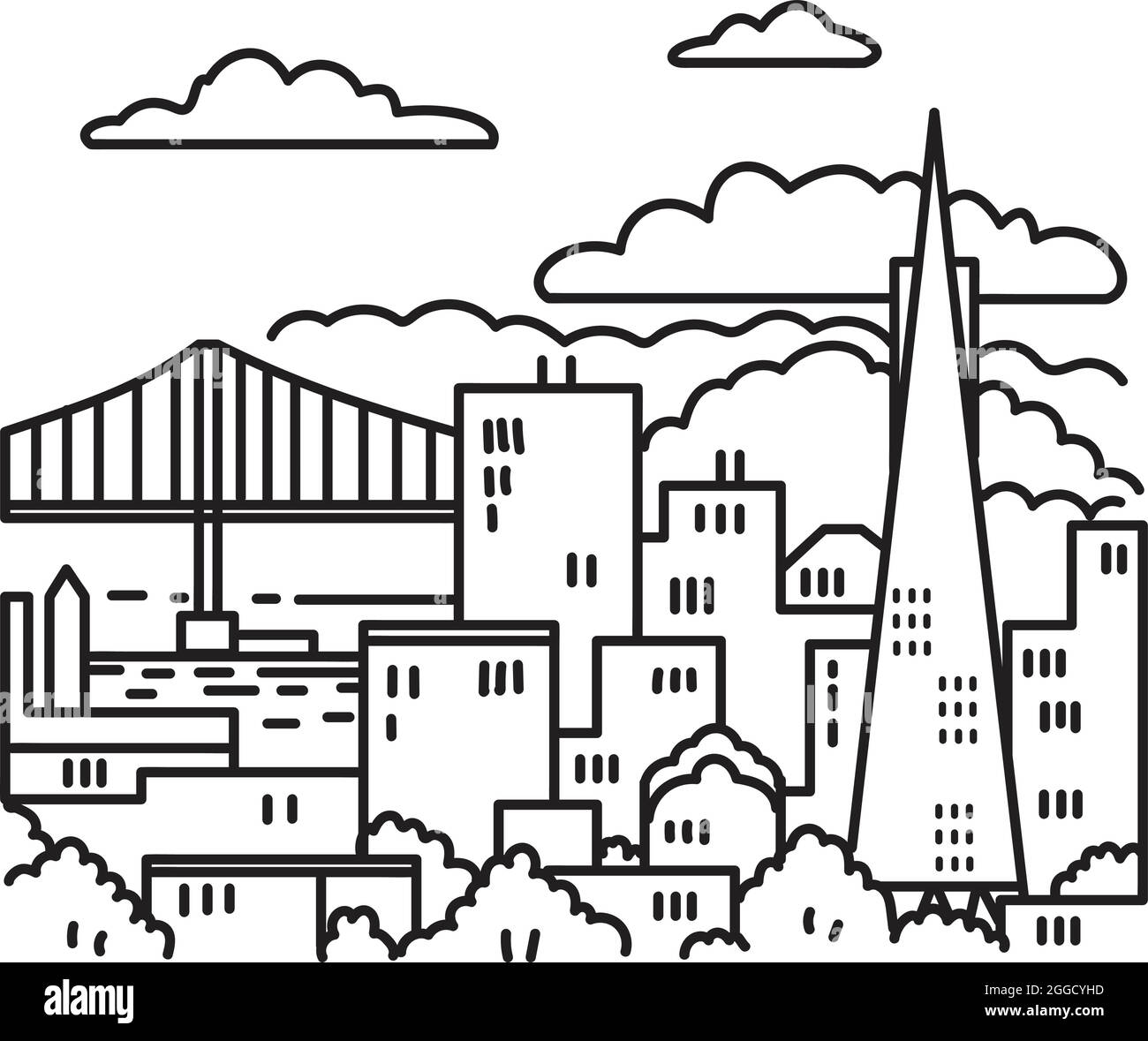 Illustrazione poster in mono linea dello skyline del centro di San Francisco con il Golden Gate Bridge nella Bay Area, California USA fatto in stile Art linea Monoline Illustrazione Vettoriale