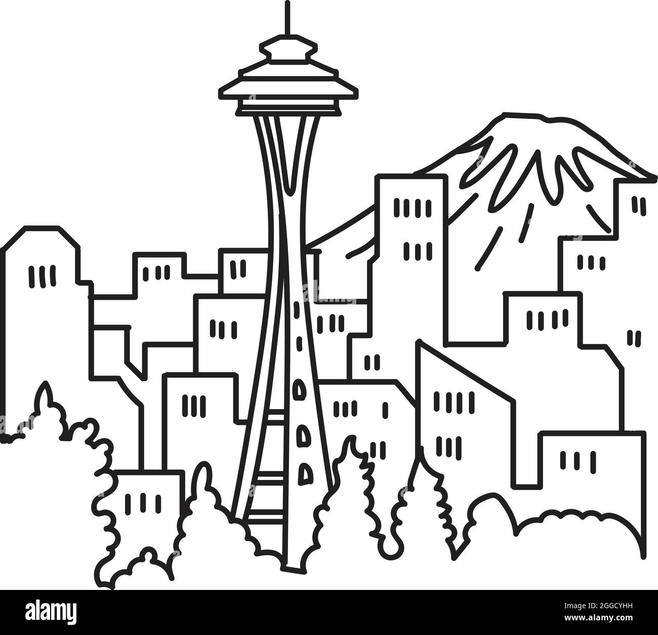 Illustrazione in mono linea dello skyline del centro di Seattle con il simbolo Space Needle e il Monte Rainier nello stato di Washington, USA fatto in linea monolina Illustrazione Vettoriale
