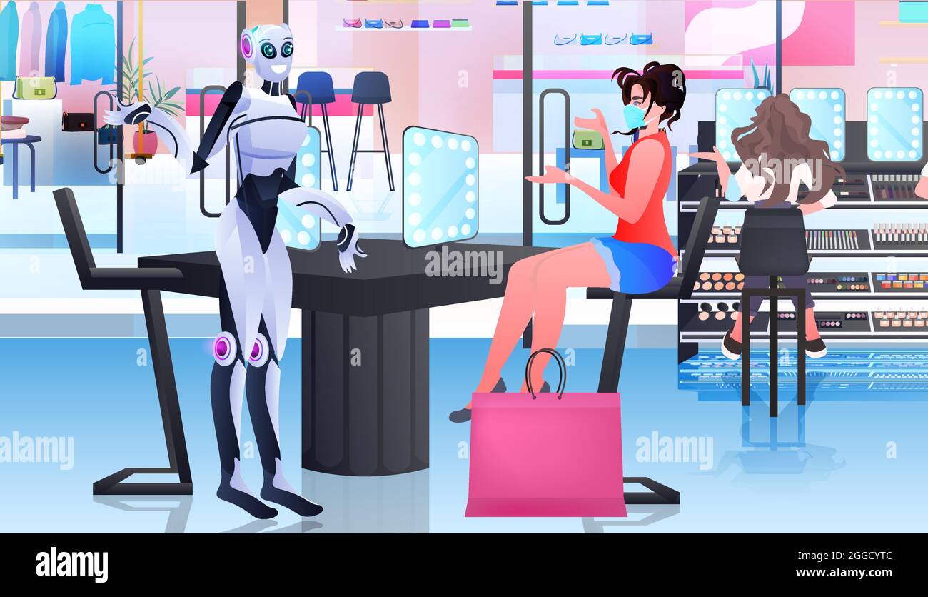 robot che mostrano articoli in boutique di moda intelligenza artificiale concetto di tecnologia Illustrazione Vettoriale robot che mostrano articoli in boutique di moda intelligenza artificiale concetto di tecnologia Illustrazione Vettoriale