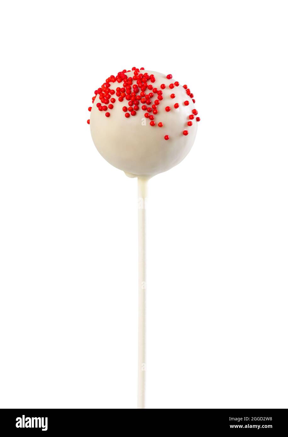 Torta pop in glassa bianca con spolverini rossi isolati su sfondo bianco Foto Stock