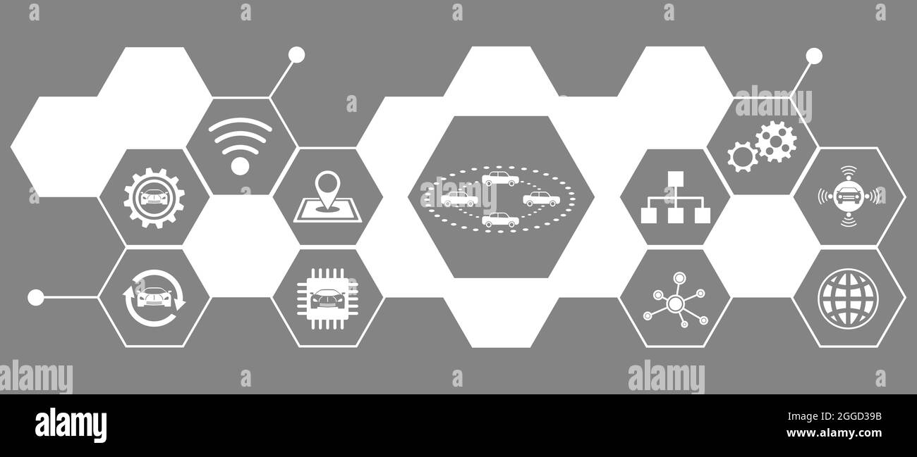 Concetto di auto connesse con icone connesse Foto Stock