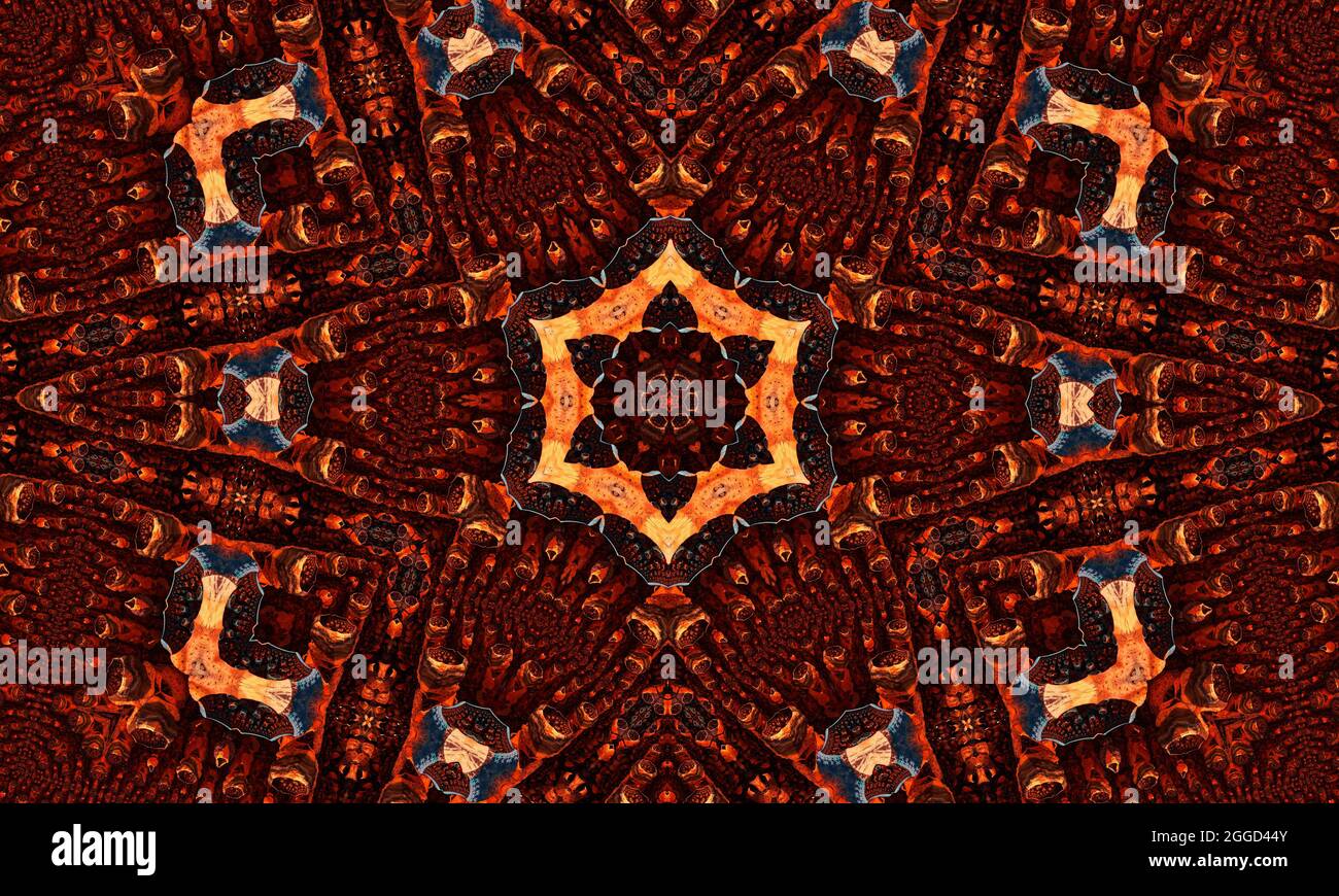 Caleidoscopio allo zenzero. Carta da parati groovy. Zenzero ripetere Batik. Colore geometrico nero. Orrore psichedelico mistico. Rug geometrico bianco. Wa Mystic senza giunture Foto Stock