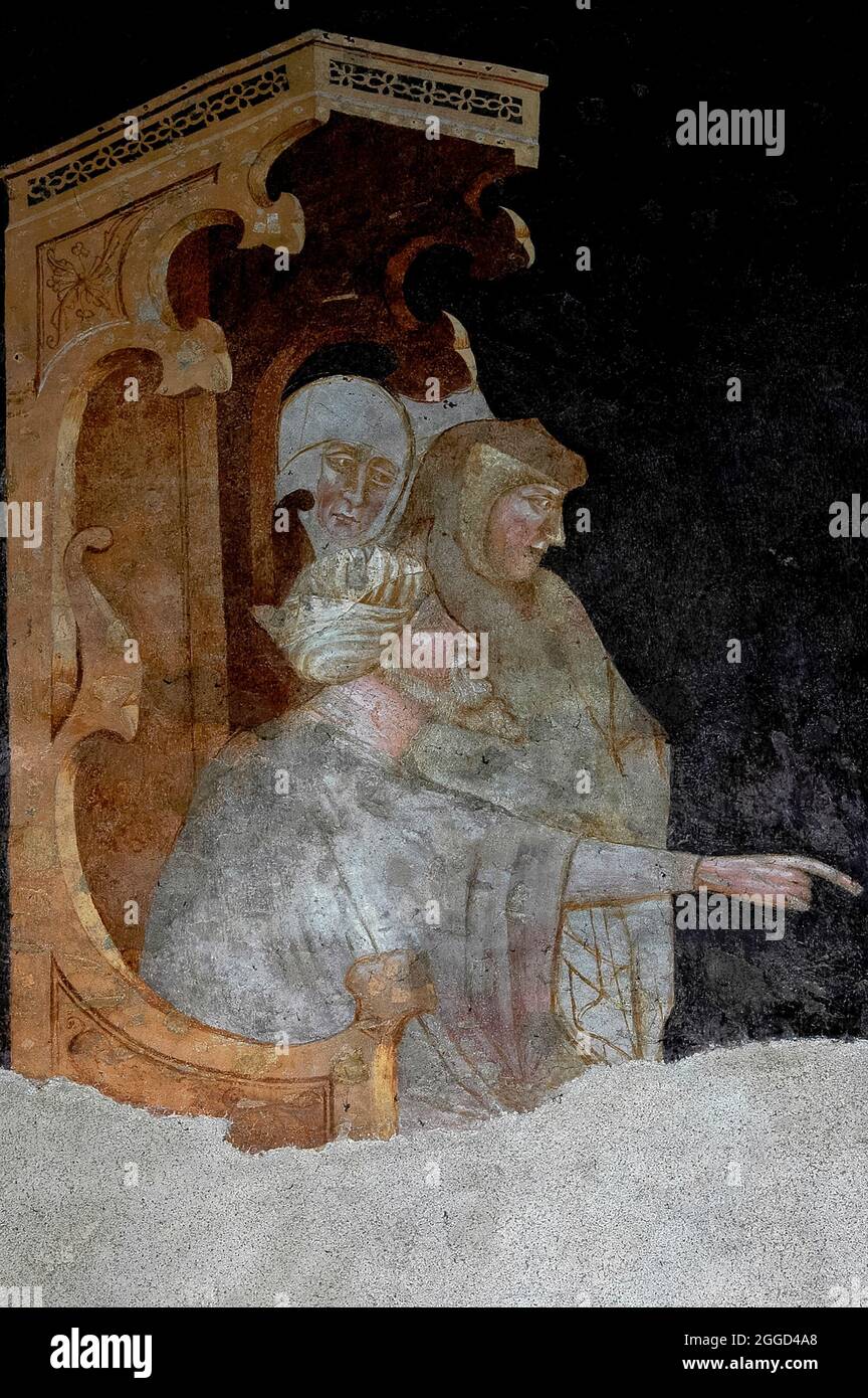 Turbaned potentate sul trono ornato punta il dito in un gesto di comando. Dettaglio dell'affresco tardo medioevale nel Duomo di Bolzano o nel Duomo Maria Assunta a Bolzano, alto Adige, Trentino-alto Adige, Italia. Foto Stock