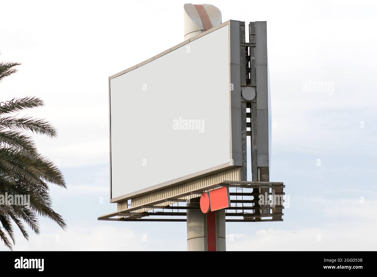 Blank White Clear Advertising Billboard Outdoor con palma in città Foto Stock