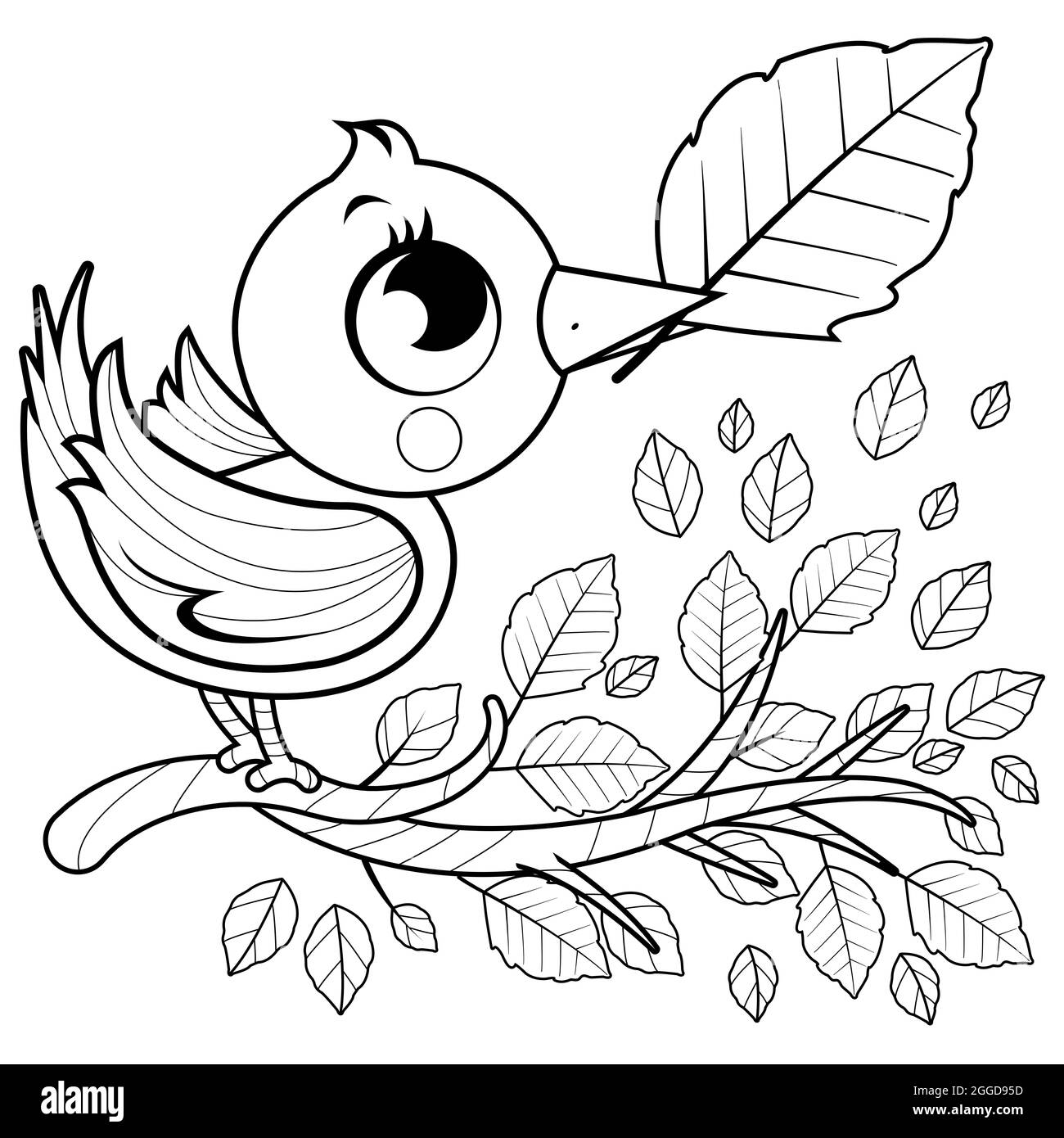 Albero della stagione autunnale con foglie marroni cadute e uccello. Un uccello carino che vola e un ramo d'albero pieno di foglie secche. Pagina da colorare in bianco e nero. Foto Stock