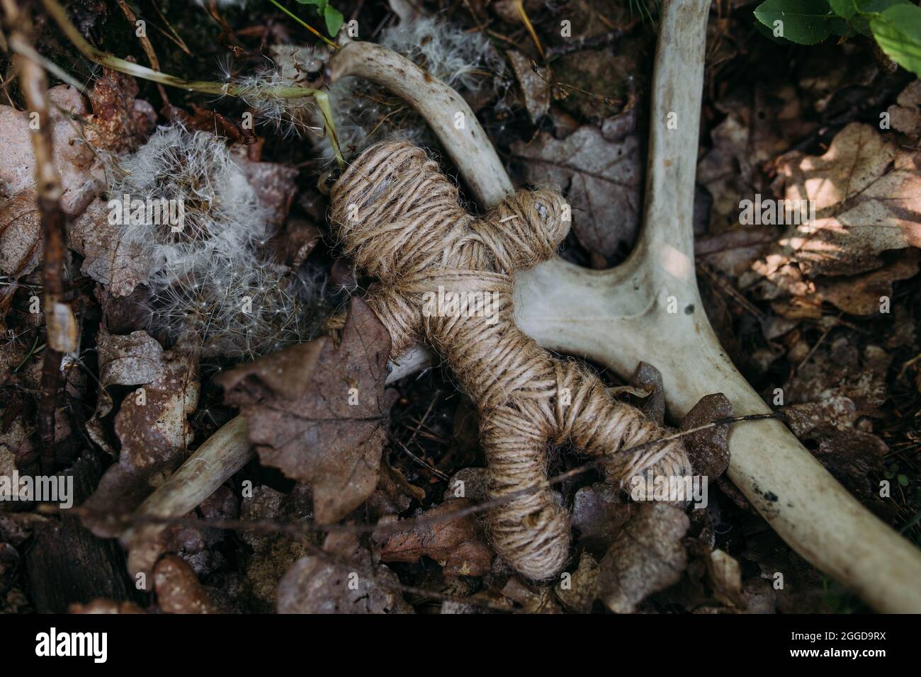 Una bambola voodoo intrecciata di fili e ossa in un rituale in una foresta misteriosa. Foto Stock