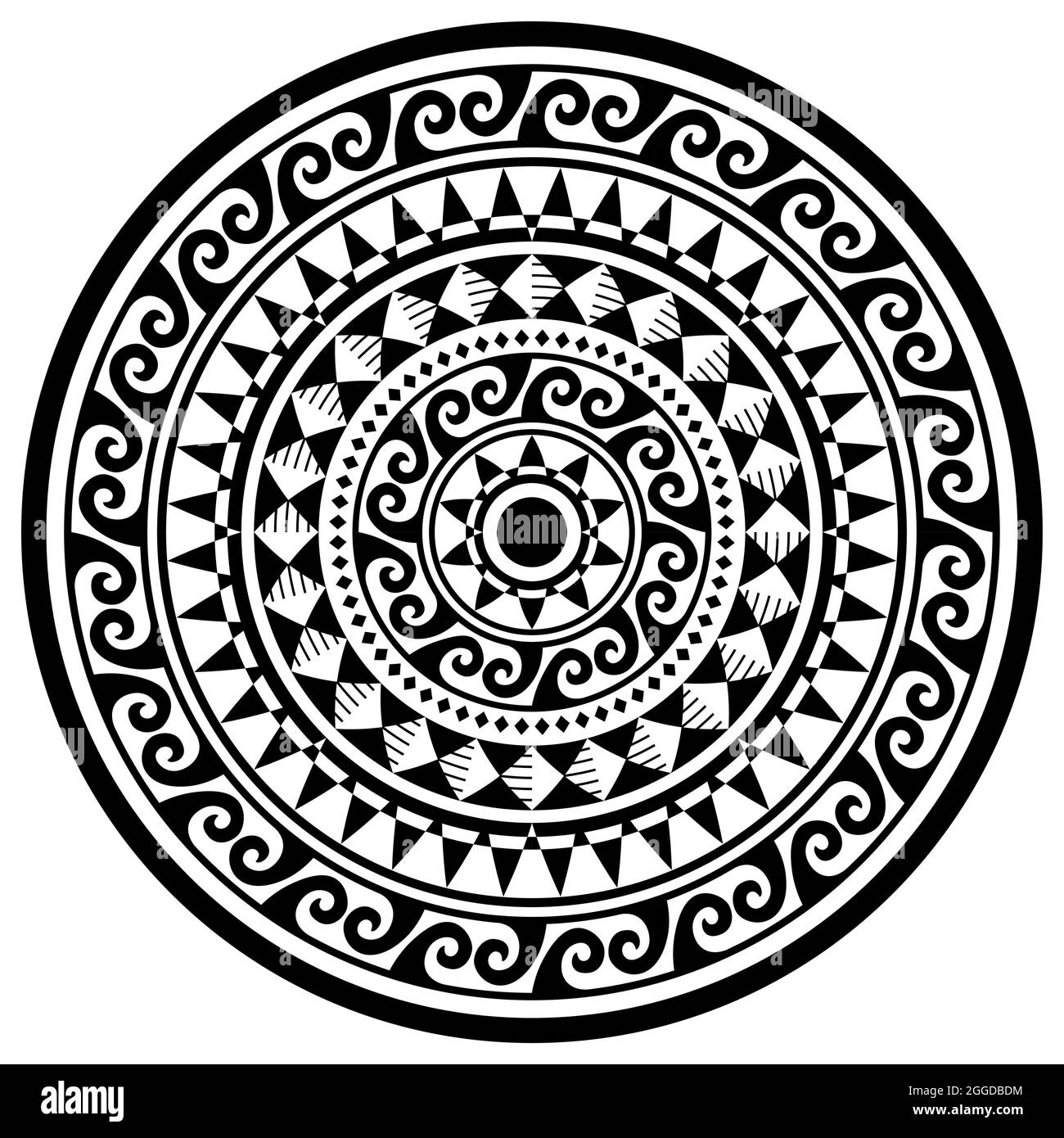 Modello vettoriale di mandala geometrico polinesiano, disegno tribale hawaiano con onde e ornamento geometrico in bianco e nero Illustrazione Vettoriale