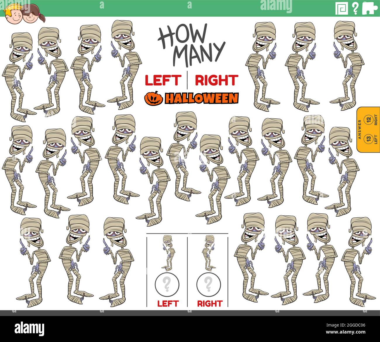 Illustrazione di cartoon del compito educativo di contare le immagini orientate a destra e a sinistra del carattere fummy spooky di Halloween Illustrazione Vettoriale