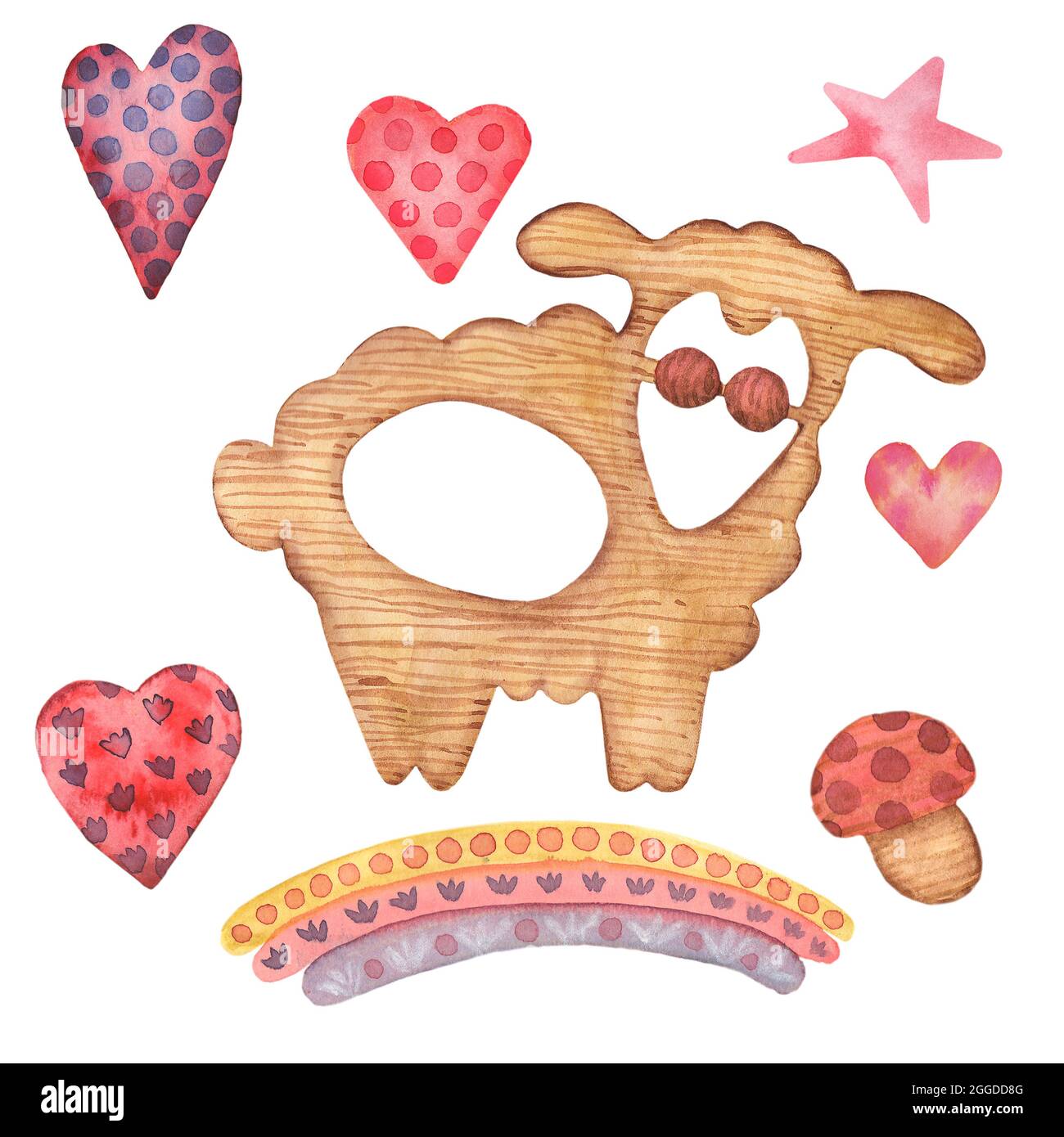 Acquerello giocattoli di legno del bambino clipart. Rattles, stella, cuore, bambini, agnello, mashroom. Asilo nido Artico disegnato a mano decor. Bambino. Bambina. Imposta Foto Stock