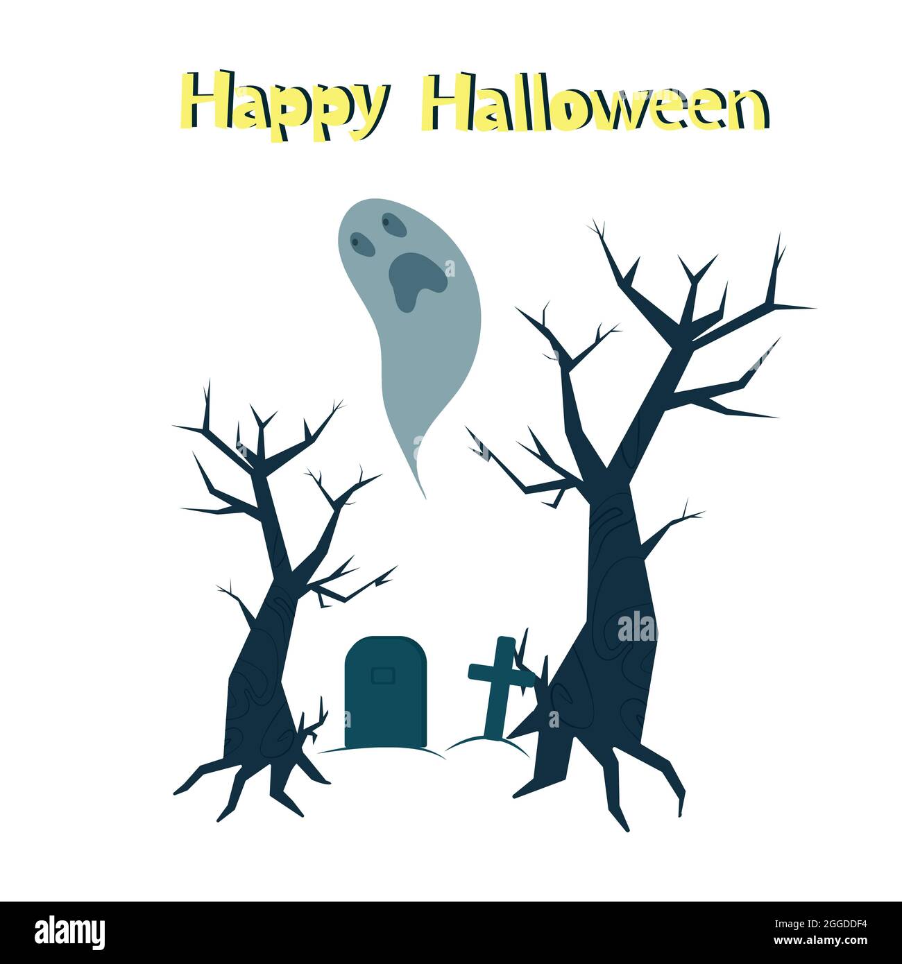 Biglietto d'auguri per Halloween, alberi spaventosi e tombe con croci, illustrazione vettoriale Illustrazione Vettoriale