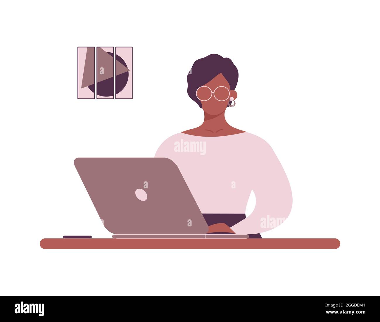 Donna afroamericana tutor con occhiali di lavoro su laptop.Remote lavoro, e-learning o online training.Afro signora insegnante, istruttore o allenatore Illustrazione Vettoriale