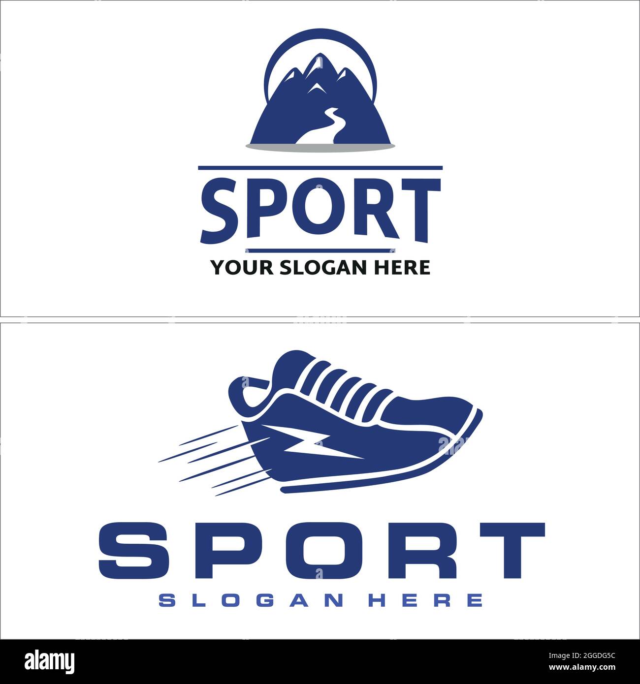 Sport running con logo di montagna e scarpe Illustrazione Vettoriale