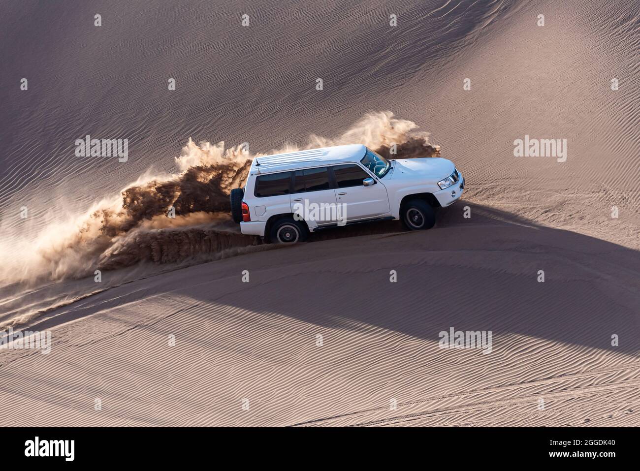 un'auto bianca o suv sta salendo da una duna di sabbia e spruzza sabbia sull'aria e intorno in dasht e lut o sahara deserto. ads spazio Foto Stock