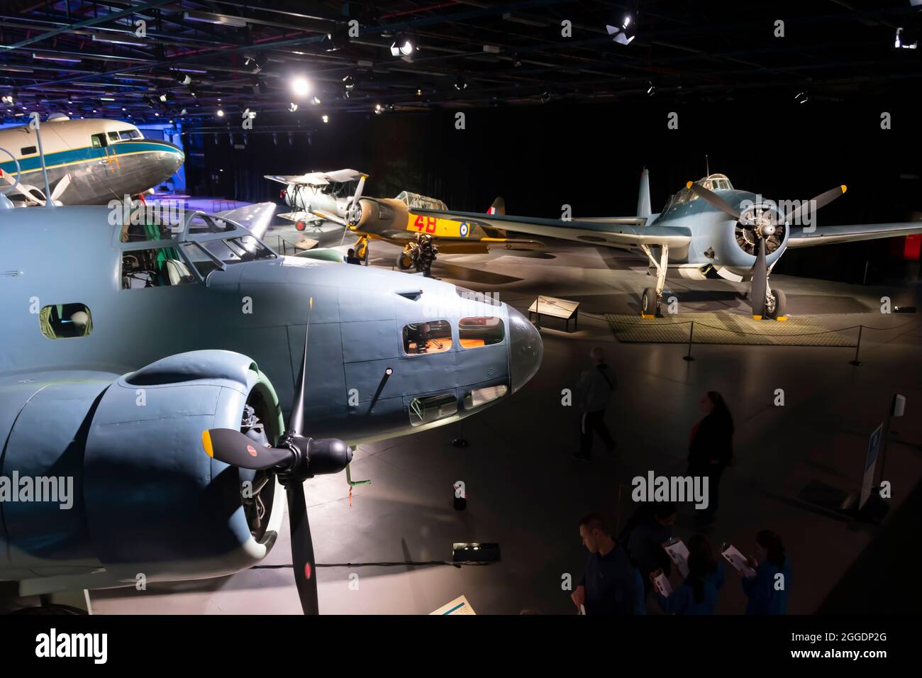 Lockheed Hudson MKIII, Grumman TBF-1 Avenger North American Harvard MKIII e Avro 626 al Museo dell'Aeronautica militare della Nuova Zelanda, Christchurch, Nuova Zelanda. Foto Stock