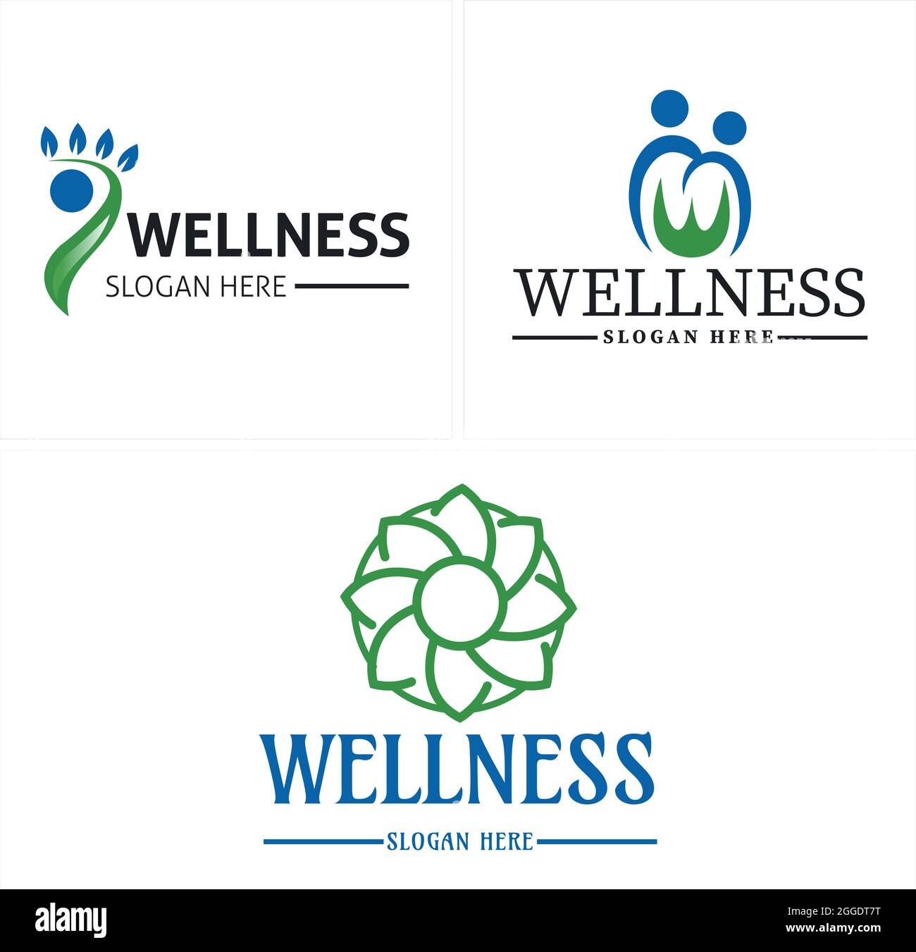 Logo benessere con piede foglia persone e fiore verde disegno vettore Illustrazione Vettoriale