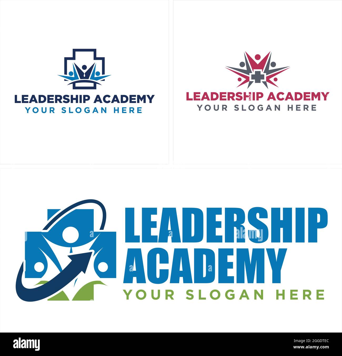 Formazione leadership accademia con medico croce persone e freccia combinazione logo design Illustrazione Vettoriale