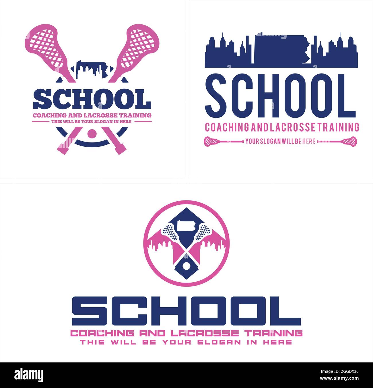 Modello di logo scuola lacrosse con bastone incrociato e skyline building Illustrazione Vettoriale