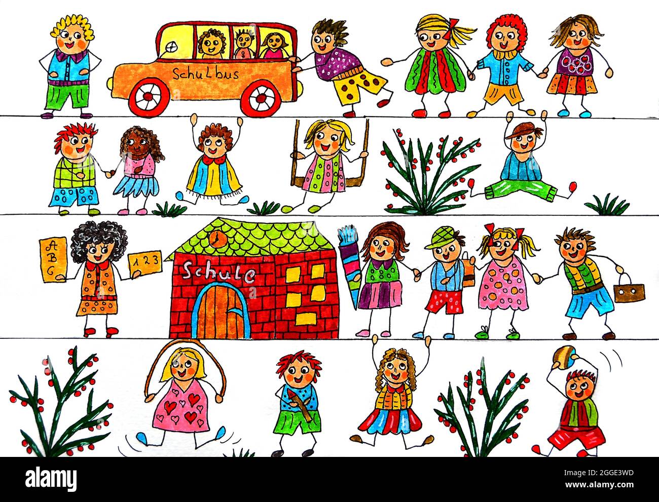 Illustrazione ingenua, figura del bastone, scuola Foto Stock