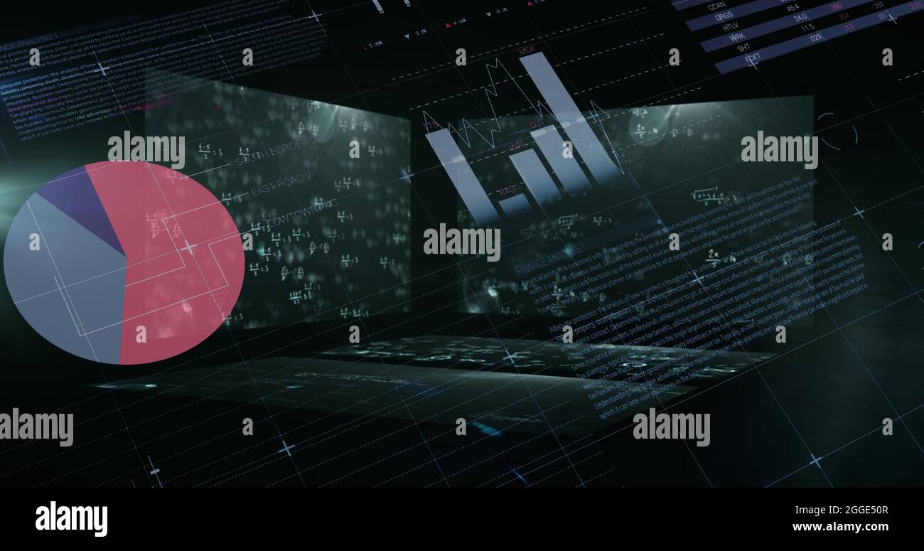 Immagine dello spostamento delle equazioni e dell'elaborazione dei grafici delle informazioni statistiche sull'interfaccia Foto Stock