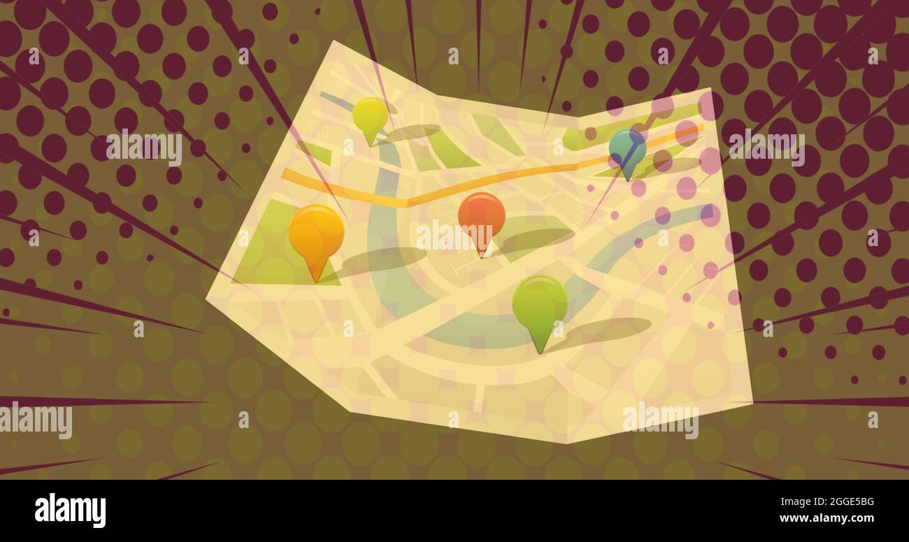 Immagine della mappa con i perni di posizionamento sullo sfondo retrospettato Foto Stock