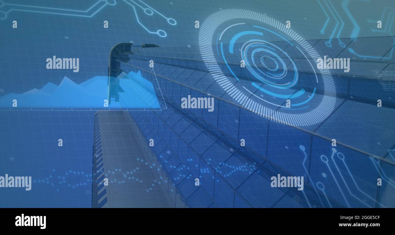 Immagine della scansione dell'ambito e dell'elaborazione dei dati con elementi del processore rispetto ai moderni grattacieli Foto Stock