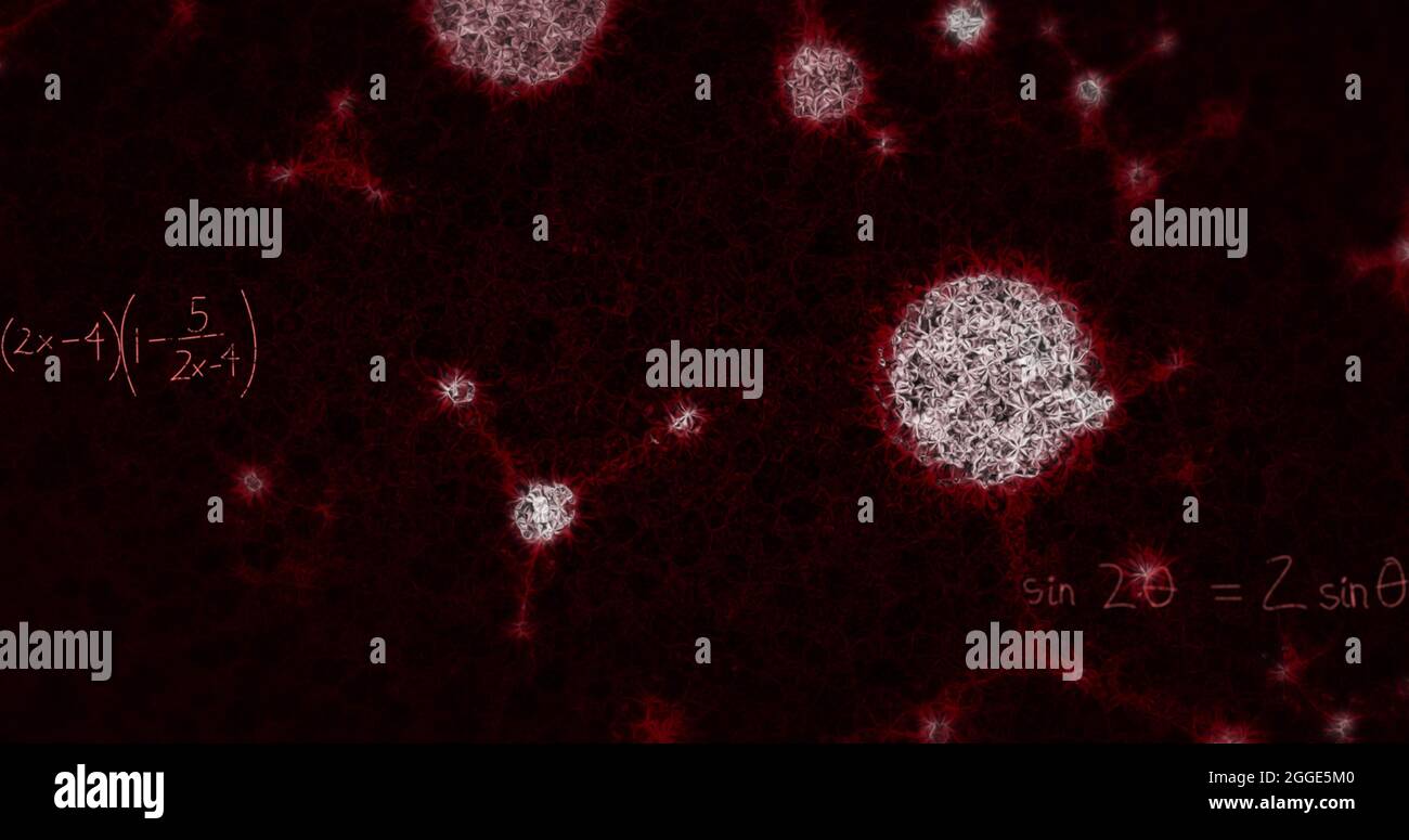 Composizione digitale di cellule di macro coronavirus covid19 con formule matematiche su lavagna Foto Stock