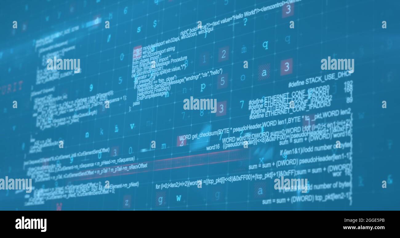 Immagine dell'avviso di sicurezza con elaborazione dati e rete di schermate su sfondo blu Foto Stock